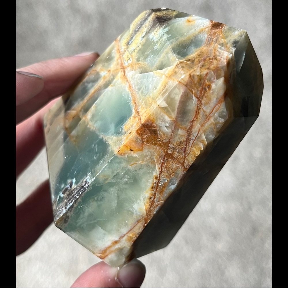 Lemurian Aquatine Calcite/Brazilian Blue Onyx Point (Polished) - Picture 3 of 17